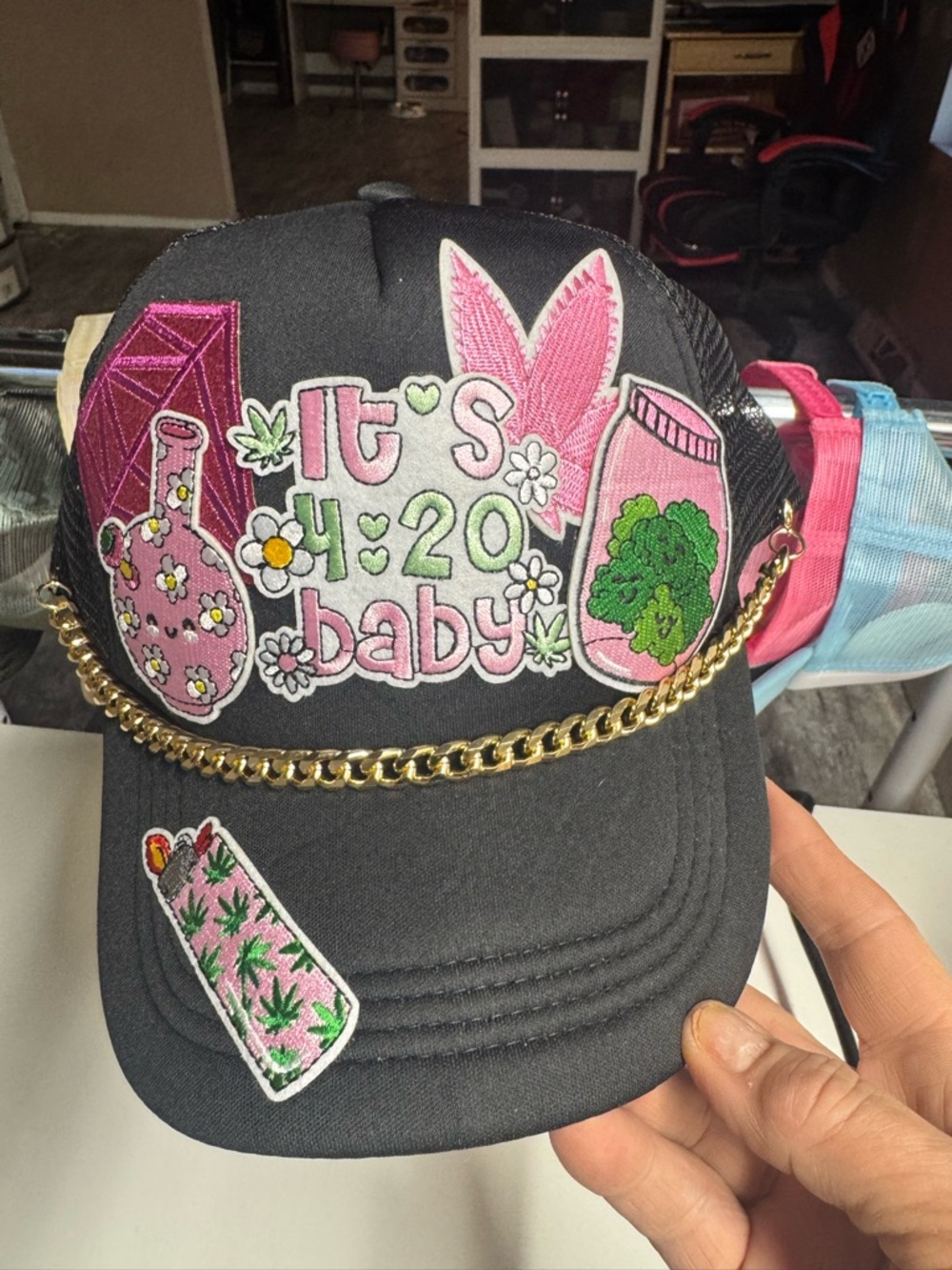 Trucker Cap with Pink Embroidered 4:20 Design